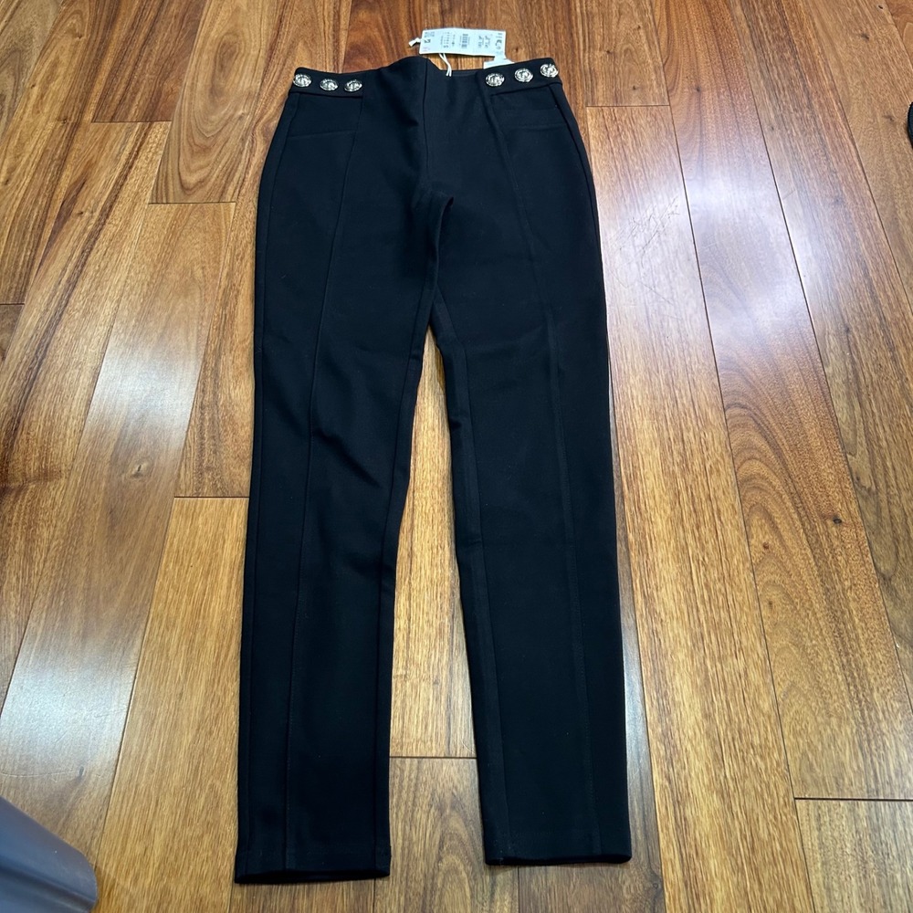 Zara High Waisted Black Leggings Silver Decorative Buttons Slim Fit Pants Small